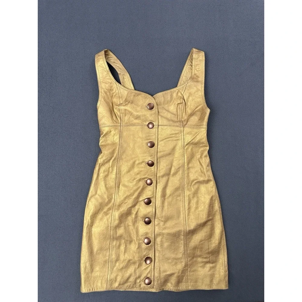 Free People Dress Womens Size 6 Goldie Mini Button Down A-Line Gold Leather $300